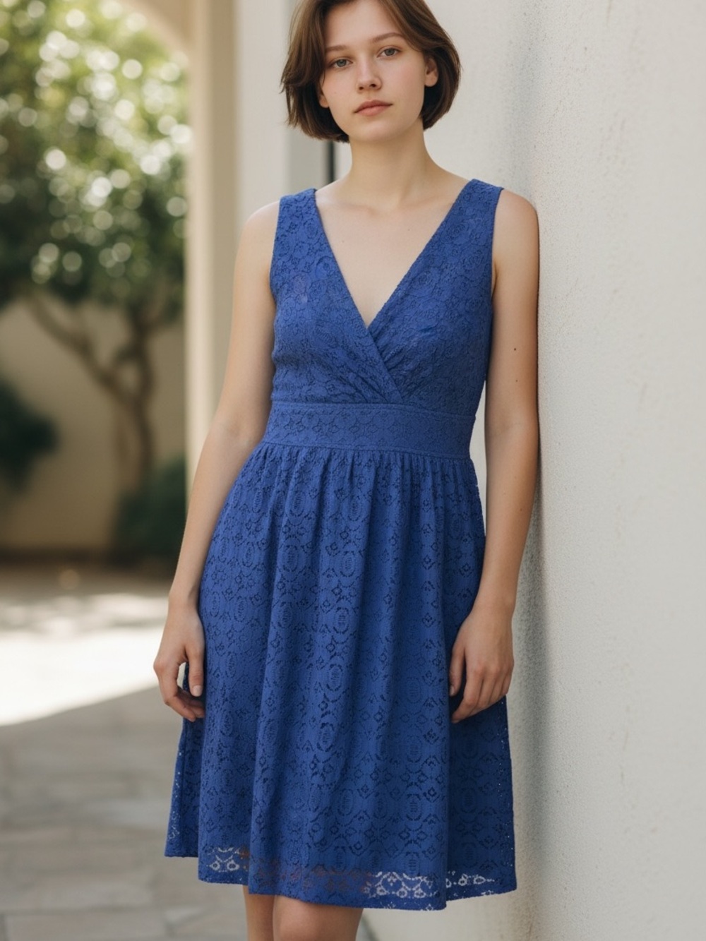 Sleeveless V-Neck Robbie Bee Lace Dress in Royal Blue